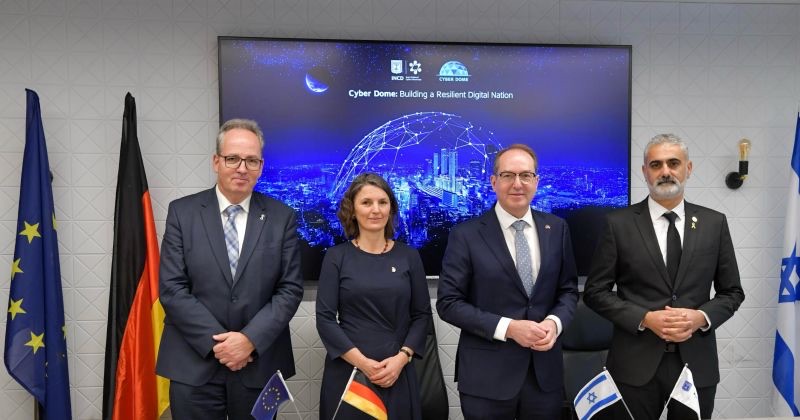 Alexander Dobrindt standing with three German and Israeli officials in front of a screen reading Cyber Dome: Building a Resilient Digital Nation, with EU, German and Israeli flags
